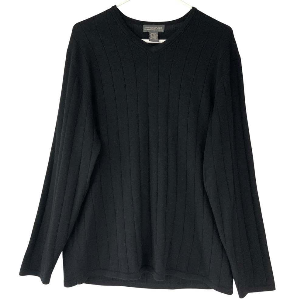 Banana Republic Black Merino Wool Sweater L Pullover V-Neck Long Sleeve Ribbed
